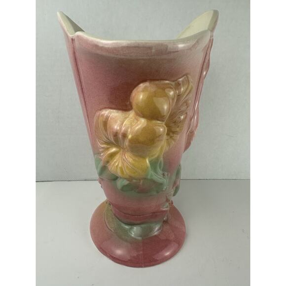 VTG Hull Pink/Yellow 9" Pottery USA 85 Bird Crane Hibiscus Flower Vase - Picture 7 of 7